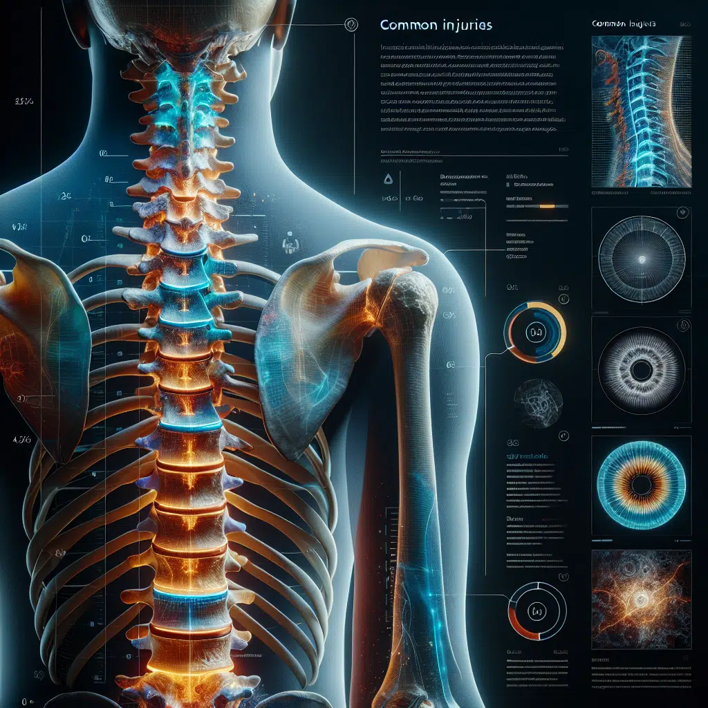צילום של עמוד שדרה המדגיש את האזור התחתון עם כיתוב המסביר על הפגיעות הנפוצות.