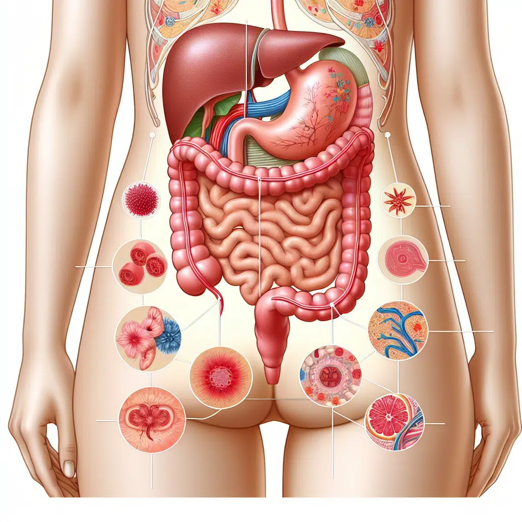 איור של מערכת העיכול הנשית המדגימה מיקומים שונים של כאב בבטן התחתונה.