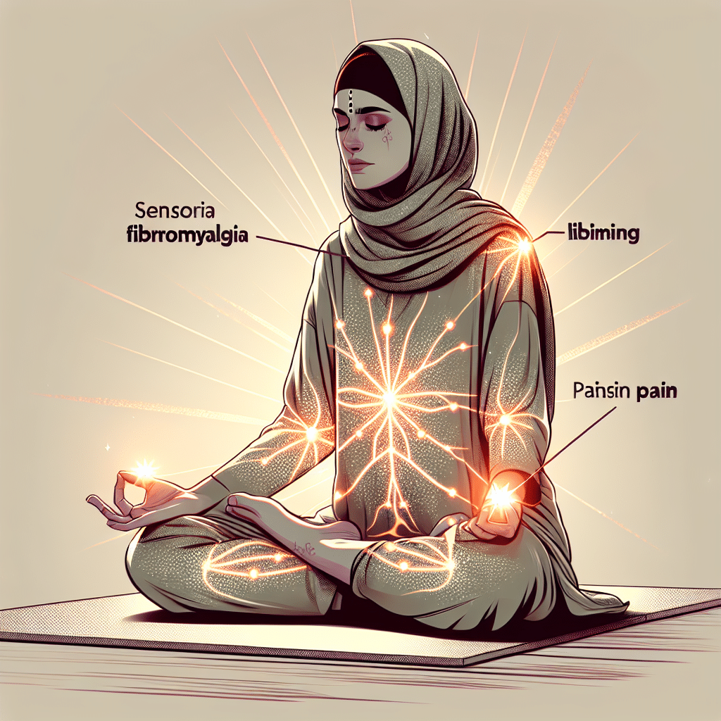 איור של אישה חיה עם פיברומיאלגיה, מראה כיצד היא מתמודדת עם הכאב באמצעות מדיטציה או יוגה.