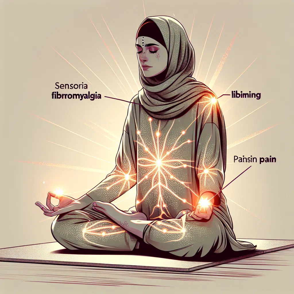 איור של אישה חיה עם פיברומיאלגיה, מראה כיצד היא מתמודדת עם הכאב באמצעות מדיטציה או יוגה.