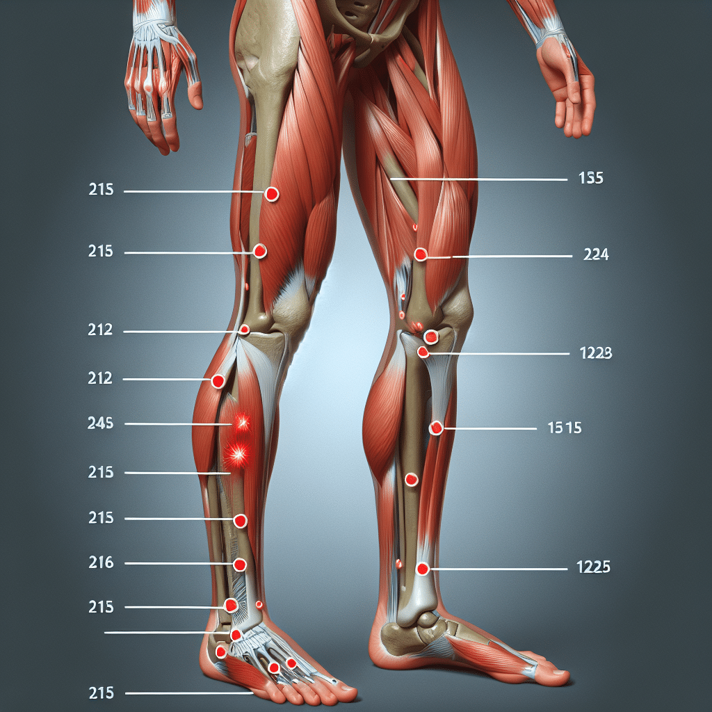 תמונה של מערכת רגליים אנושית עם כיתובים המסבירים את הנקודות בהן הכאב נפוץ ביותר בקרב חולי פיברומיאלגיה.
