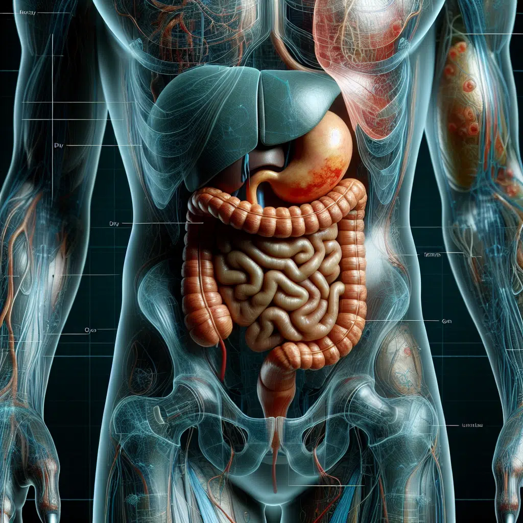 תמונה של אנטומיה עם סימון איברים בצד ימין של הבטן